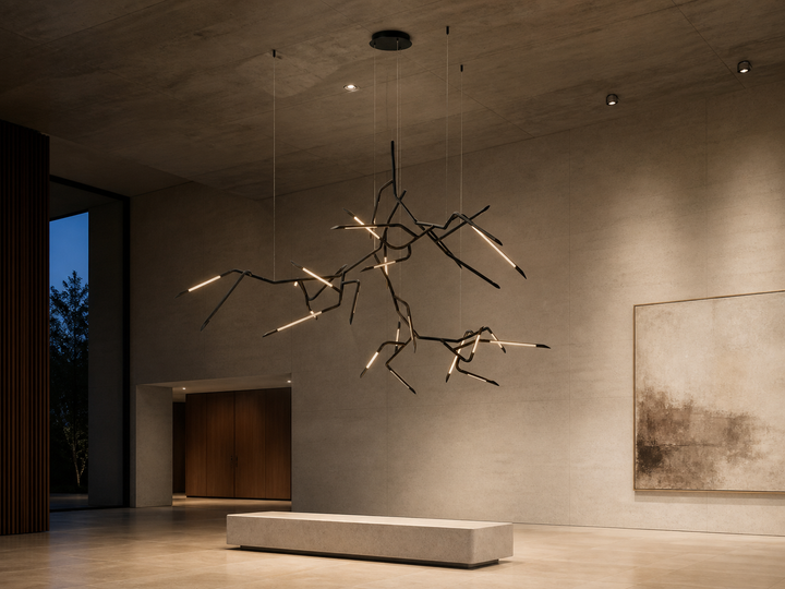ET2 Scion 80-inch 3-Light LED pendant in a contemporary gallery atrium