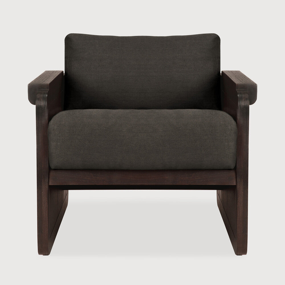 Ethnicraft Panel lounge chair in dark brown teak and grey linen on white background