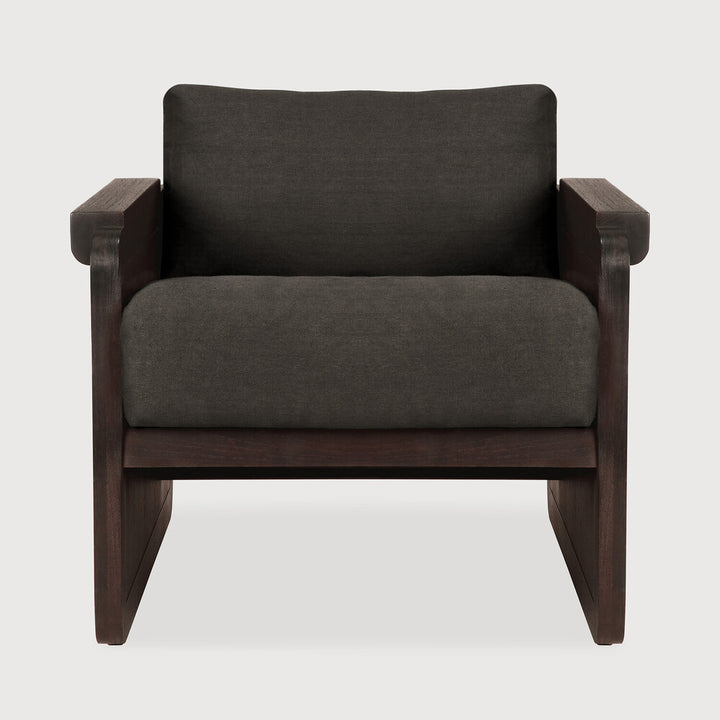 Ethnicraft Panel lounge chair in dark brown teak and grey linen on white background