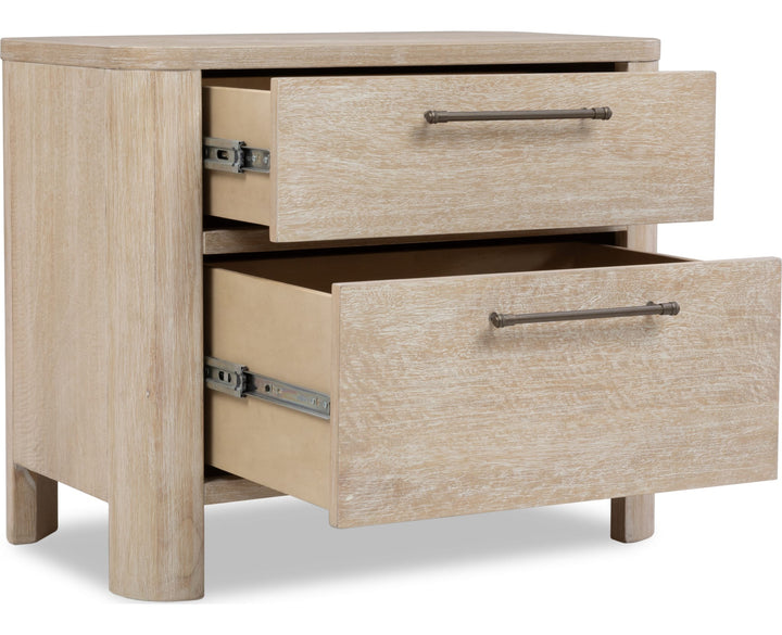 Evelyn Two Drawer Nightstand with Cord Management in Saltwood — with drawers open