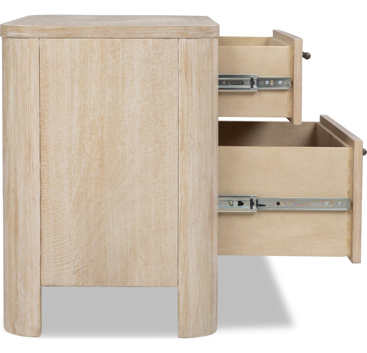 Evelyn Two Drawer Nightstand with Cord Management in Saltwood — with drawers open