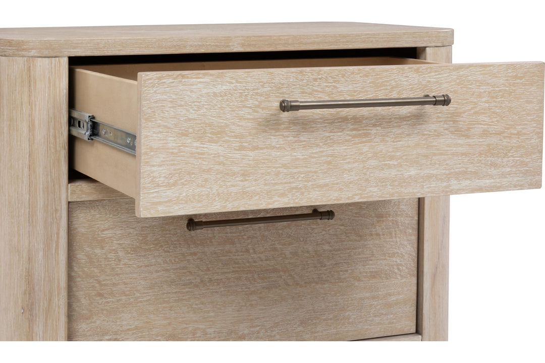 Evelyn Two Drawer Nightstand with Cord Management in Saltwood — with drawers open