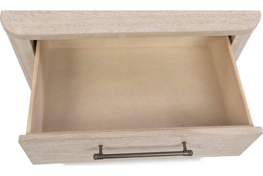 Evelyn Two Drawer Nightstand with Cord Management in Saltwood — with drawers open