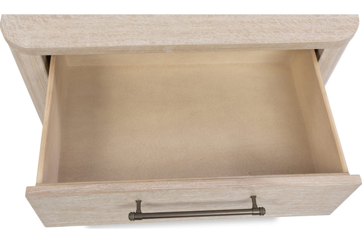 Evelyn Two Drawer Nightstand with Cord Management in Saltwood — with drawers open