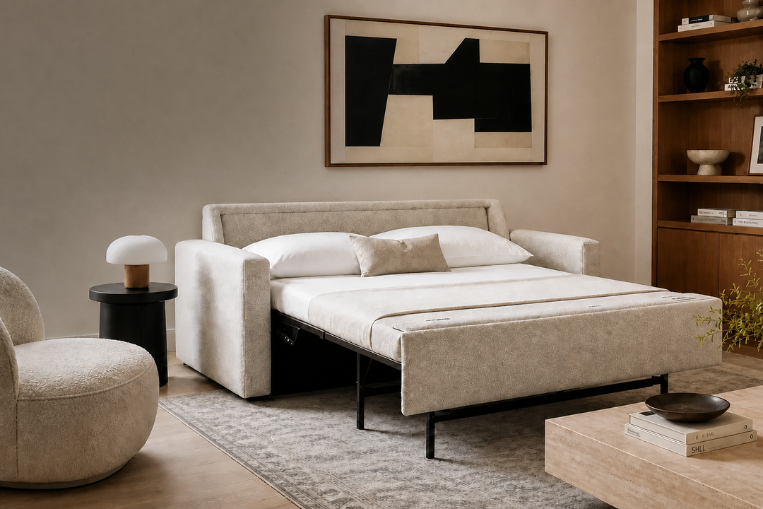 American Leather sleeper sofa in a warm modern living room