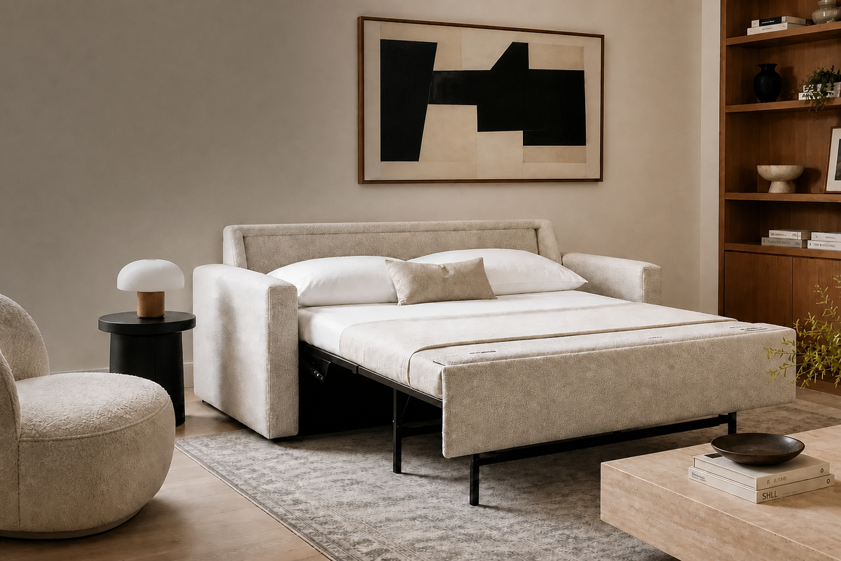 American Leather sleeper sofa in a warm modern living room