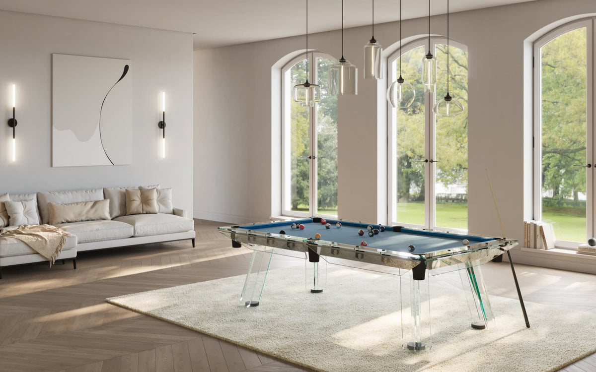 Filotto Classic glass pool table by Impatia in a modern living room