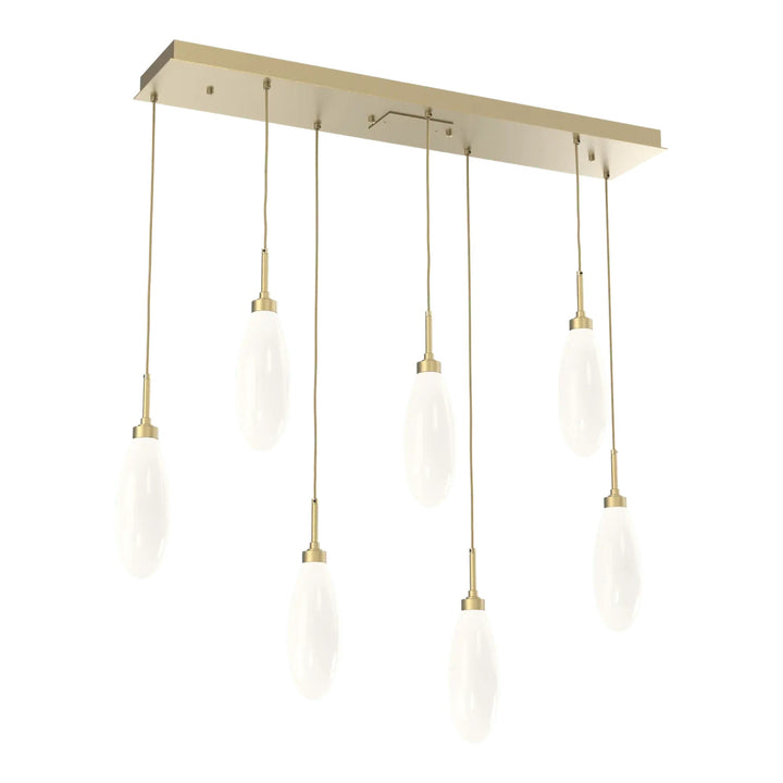 Fiori Linear Pendant Chandelier by Hammerton Studio 7 Lights in Gilded Brass with White glass