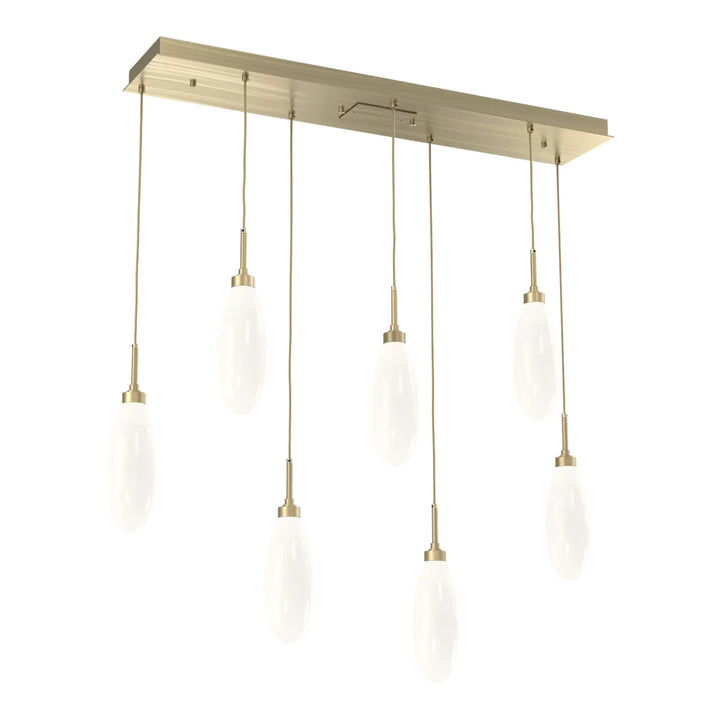 Fiori Linear Pendant Chandelier by Hammerton Studio 7 Lights in Heritage Brass with White glass