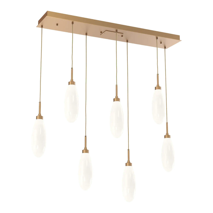 Fiori Linear Pendant Chandelier by Hammerton Studio 7 Lights in Novel Brass with White glass