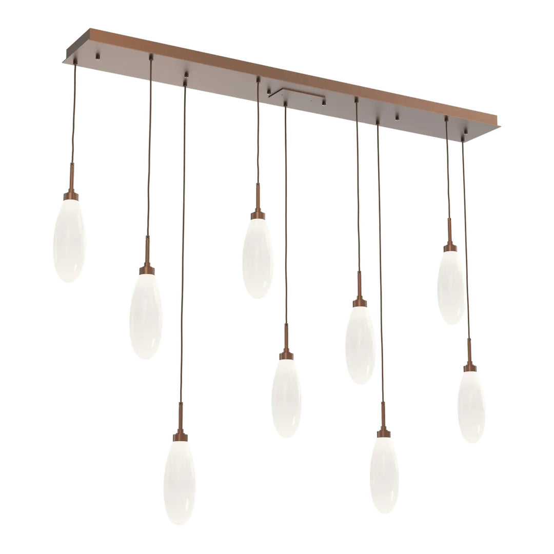 Fiori Linear Pendant Chandelier by Hammerton Studio 9 Lights in Burnished Bronze with White glass