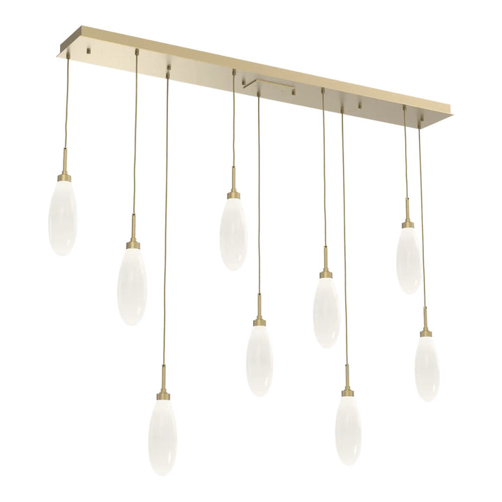 Fiori Linear Pendant Chandelier by Hammerton Studio 9 Lights in Gilded Brass with White glass