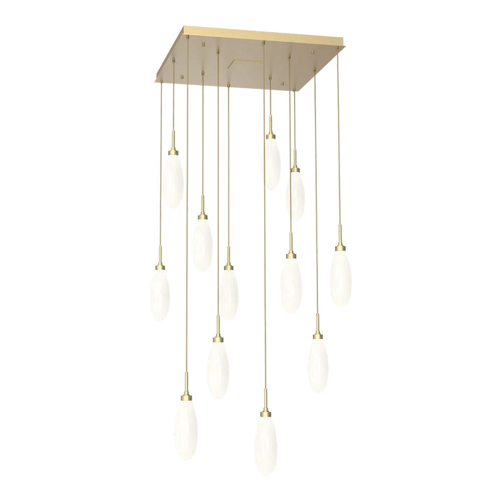 Fiori Square Pendant Chandelier by Hammerton Studio 12 Lights in Gilded Brass with White glass