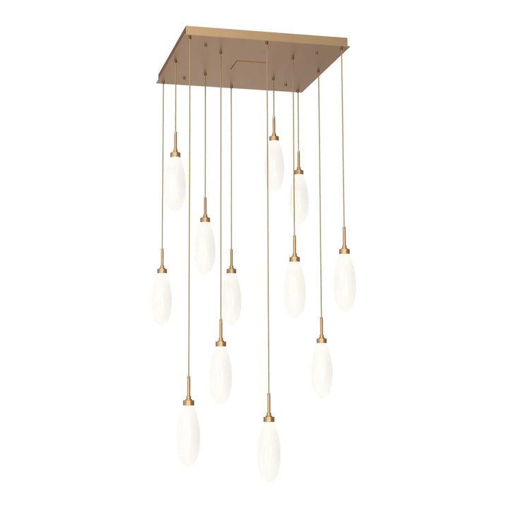 Fiori Square Pendant Chandelier by Hammerton Studio 12 Lights in Novel Brass with White glass