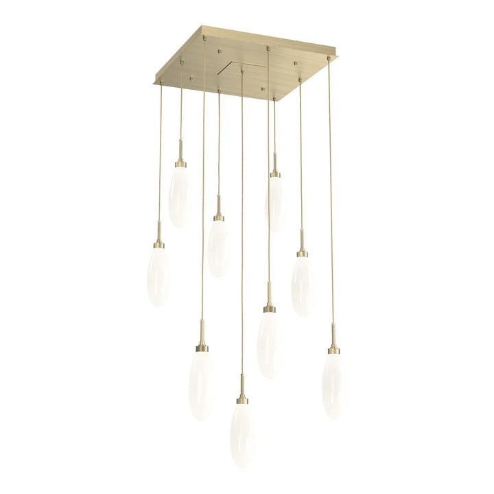 Fiori Square Pendant Chandelier by Hammerton Studio 9 Lights in Heritage Brass with White glass