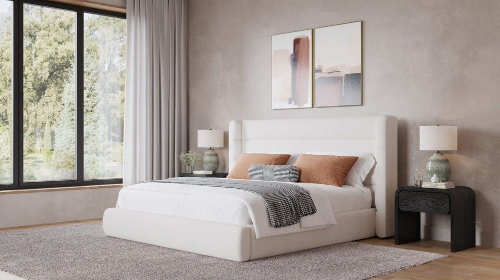 Frank Upholstered Wingback Platform Bed in Cottage Cheese styled in a bedroom
