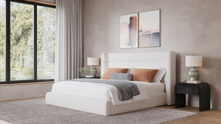 Frank Upholstered Wingback Platform Bed in Cottage Cheese styled in a bedroom