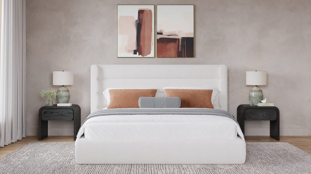 Frank Upholstered Wingback Platform Bed in Cottage Cheese styled in a bedroom