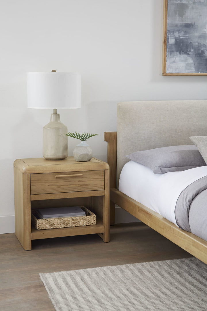 Furano One Drawer One Shelf Nightstand in Ginger beside a Furano bed