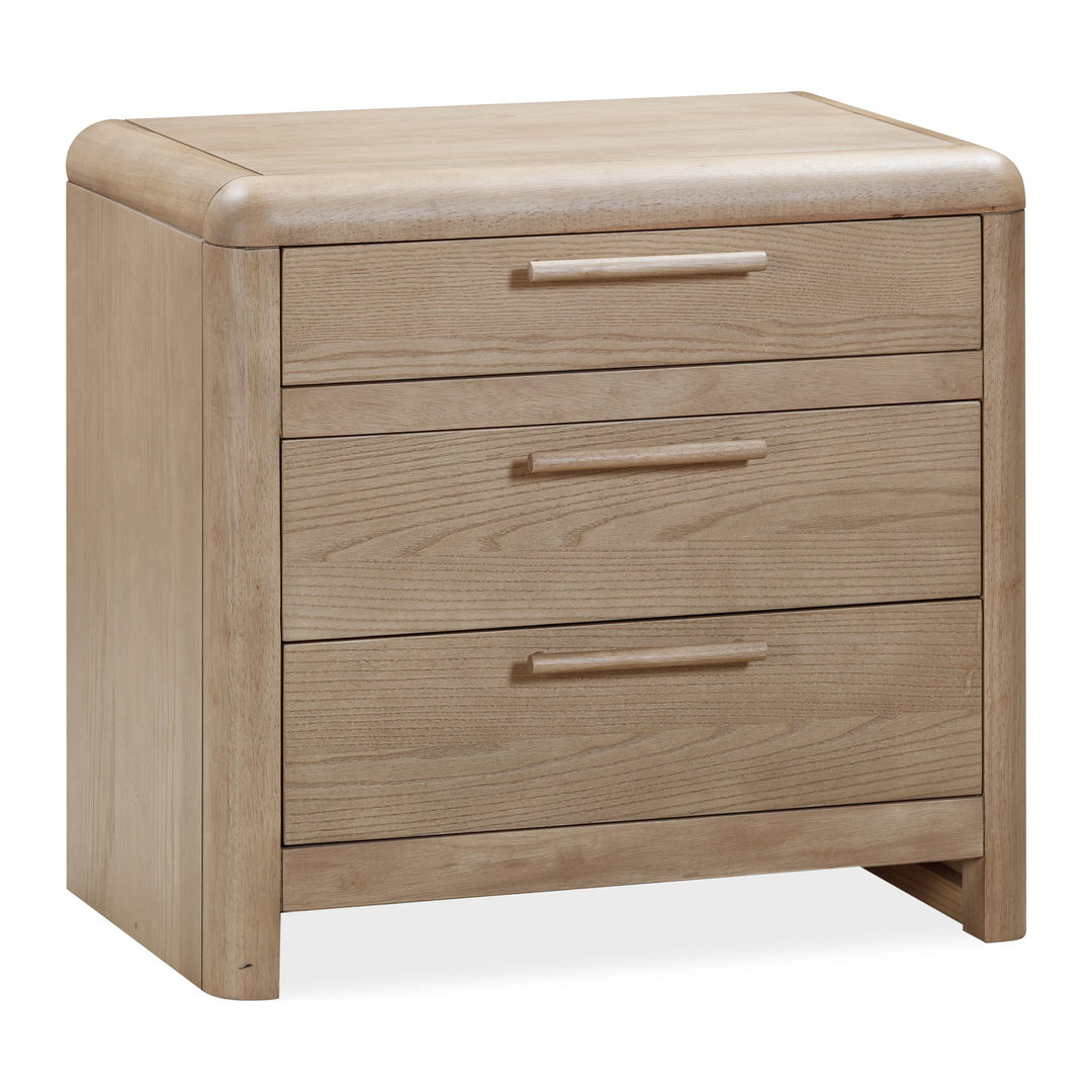Furano Three Drawer Nightstand by Modus in Ginger — white background, angled view