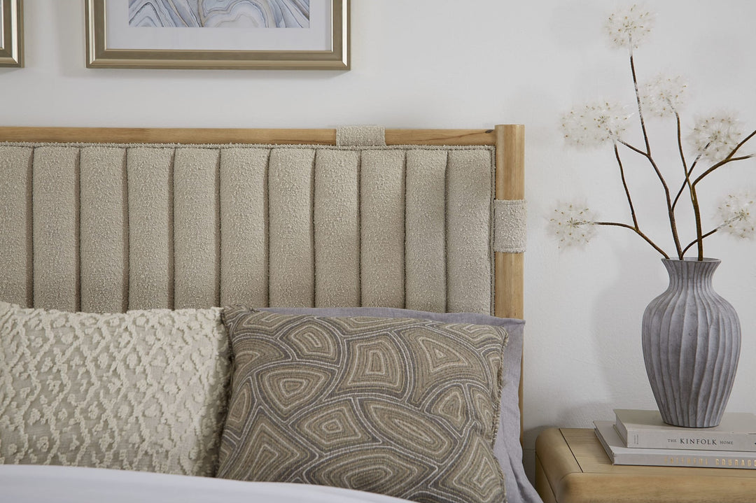 Furano Upholstered Panel Bed — close-up of the boucle upholstered headboard in a bedroom