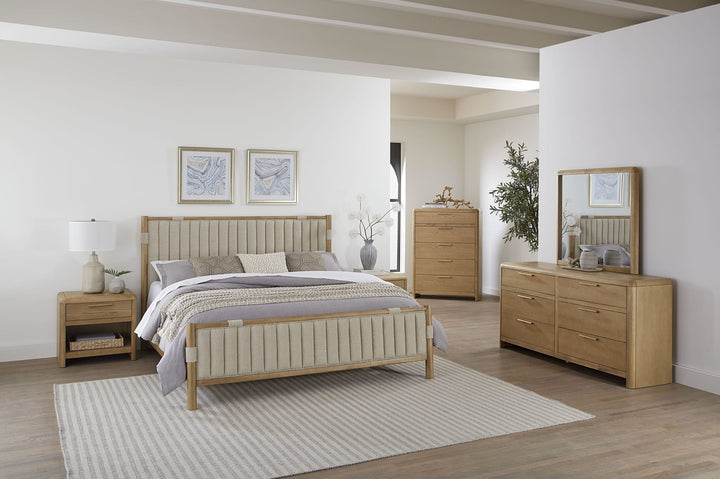 Furano Upholstered Panel Bed in a Furano bedroom setting with nightstand and dresser