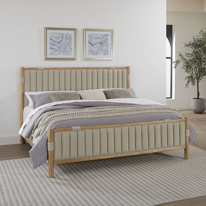 Furano Upholstered Panel Bed in Ginger and Brun Boucle styled in a bright modern bedroom