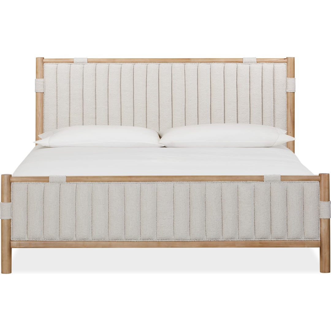 Furano Upholstered Panel Bed in Ginger and Brun Boucle — white background, front view with bedding