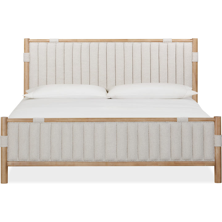 Furano Upholstered Panel Bed in Ginger and Brun Boucle — white background, front view with bedding