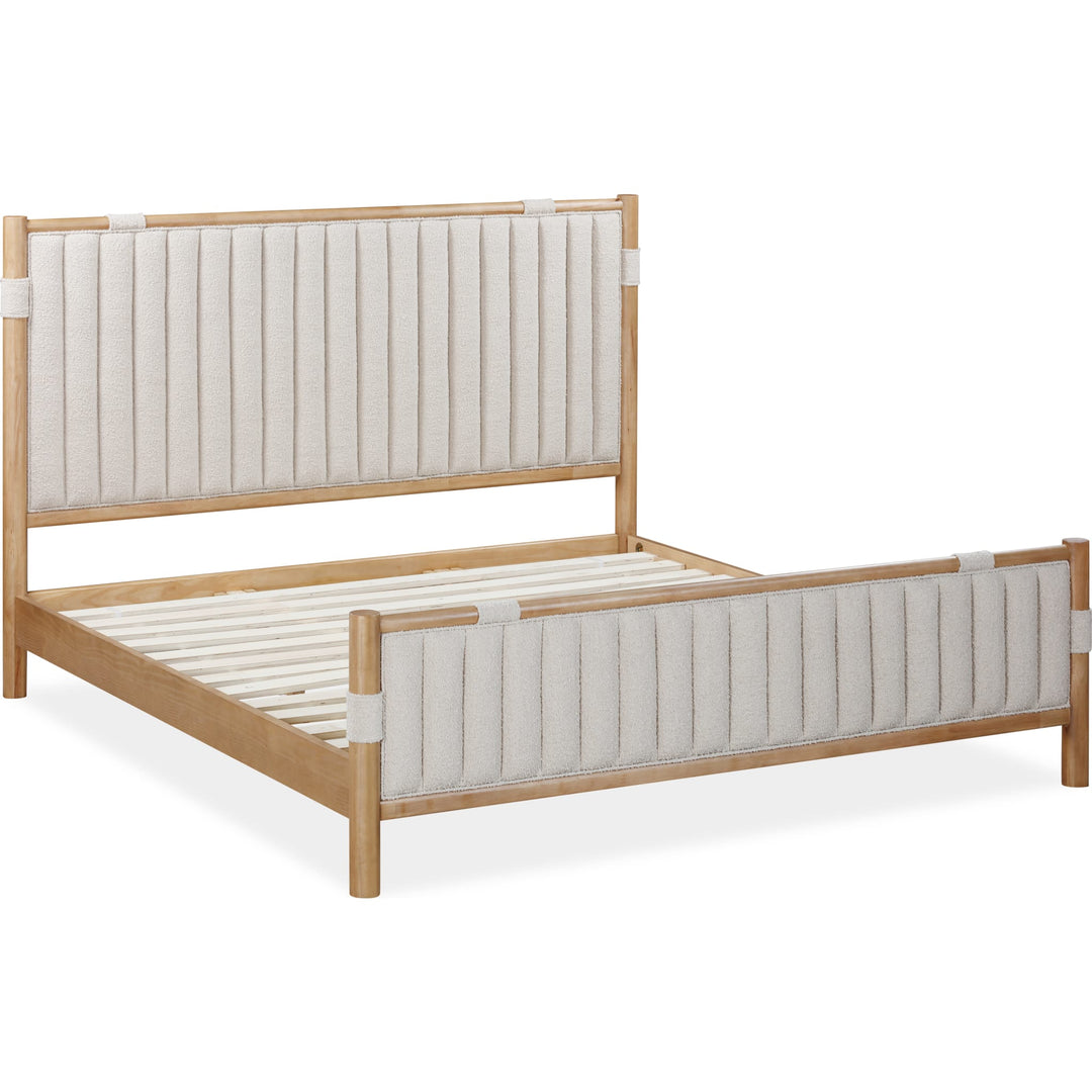 Furano Upholstered Panel Bed — angled view without mattress showing slatted platform support