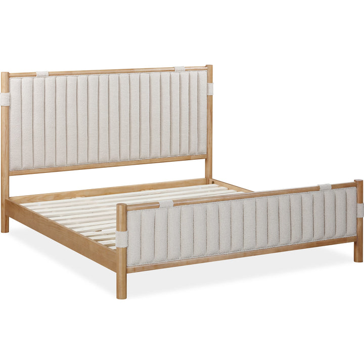 Furano Upholstered Panel Bed — angled view without mattress showing slatted platform support