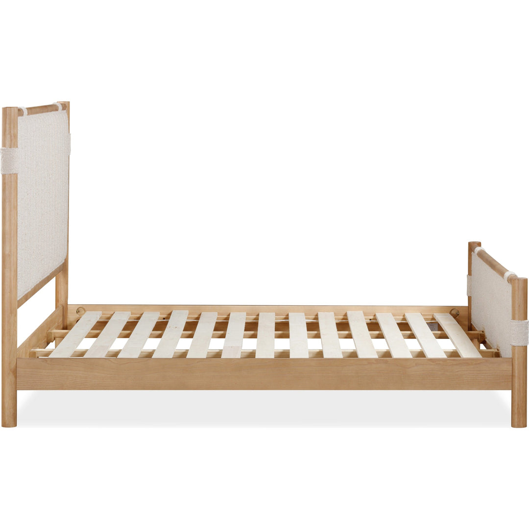 Furano Upholstered Panel Bed — side angle showing slats, headboard and footboard