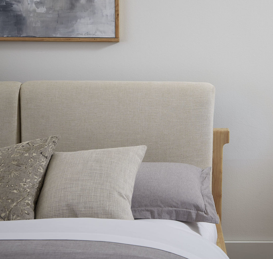 Furano Upholstered Two Cushion Platform Bed — close-up of the linen-blend upholstered headboard cushions in a bedroom