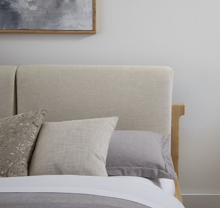 Furano Upholstered Two Cushion Platform Bed — close-up of the linen-blend upholstered headboard cushions in a bedroom