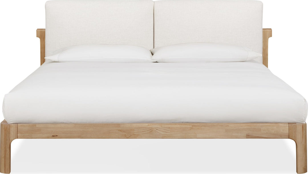 Furano Upholstered Two Cushion Platform Bed in Ginger and Natural Linen — white background, front view with bedding