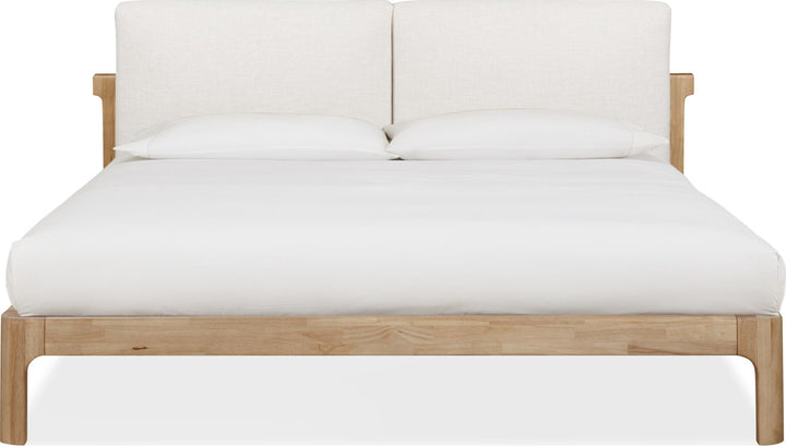 Furano Upholstered Two Cushion Platform Bed in Ginger and Natural Linen — white background, front view with bedding