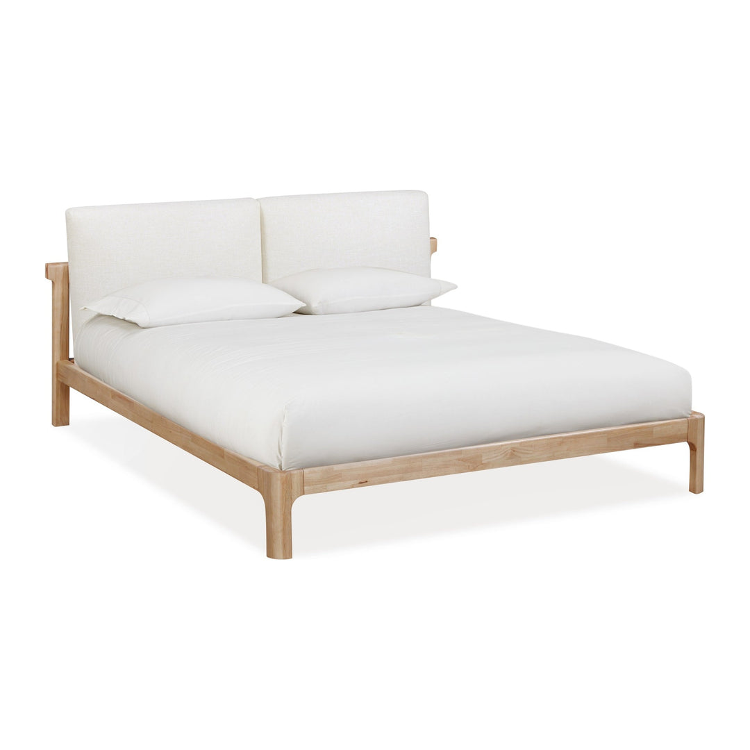 Furano Upholstered Two Cushion Platform Bed by Modus in Ginger and Natural Linen — white background, angled view with bedding