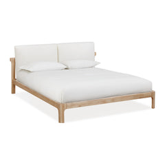 Furano Upholstered Two Cushion Platform Bed by Modus in Ginger and Natural Linen — white background, angled view with bedding