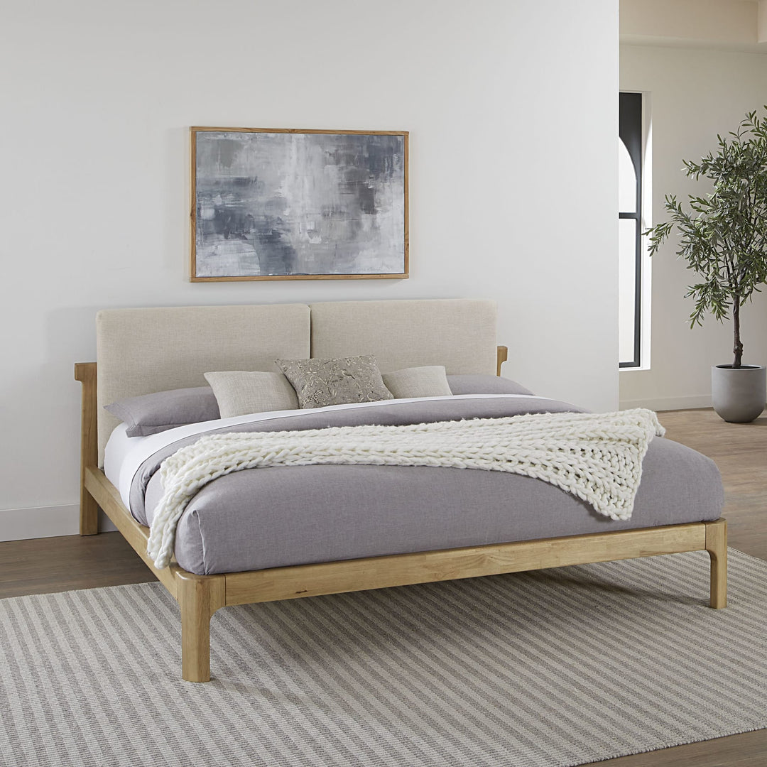 Furano Upholstered Two Cushion Platform Bed in Ginger and Natural Linen styled in a bright modern bedroom
