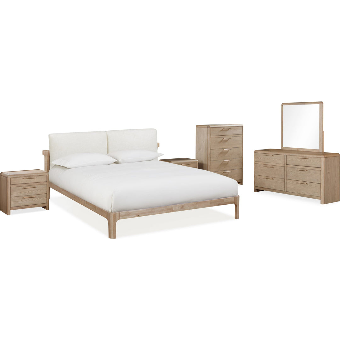 Furano Upholstered Two Cushion Platform Bed shown with Furano nightstand, chest and dresser — white background