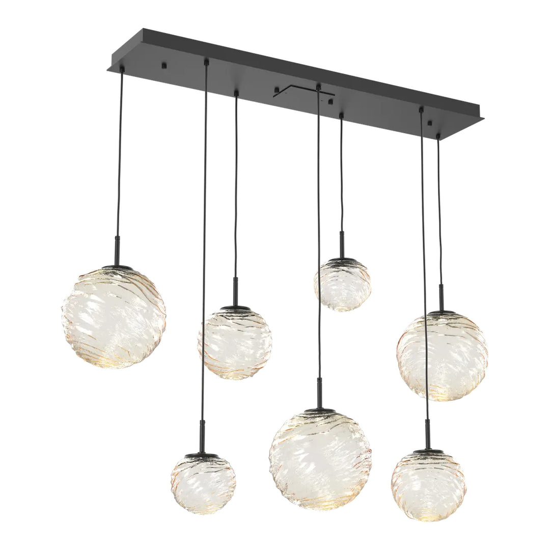 Gaia Linear Pendant Chandelier by Hammerton Studio – 7 Lights in Matte Black with Amber glass