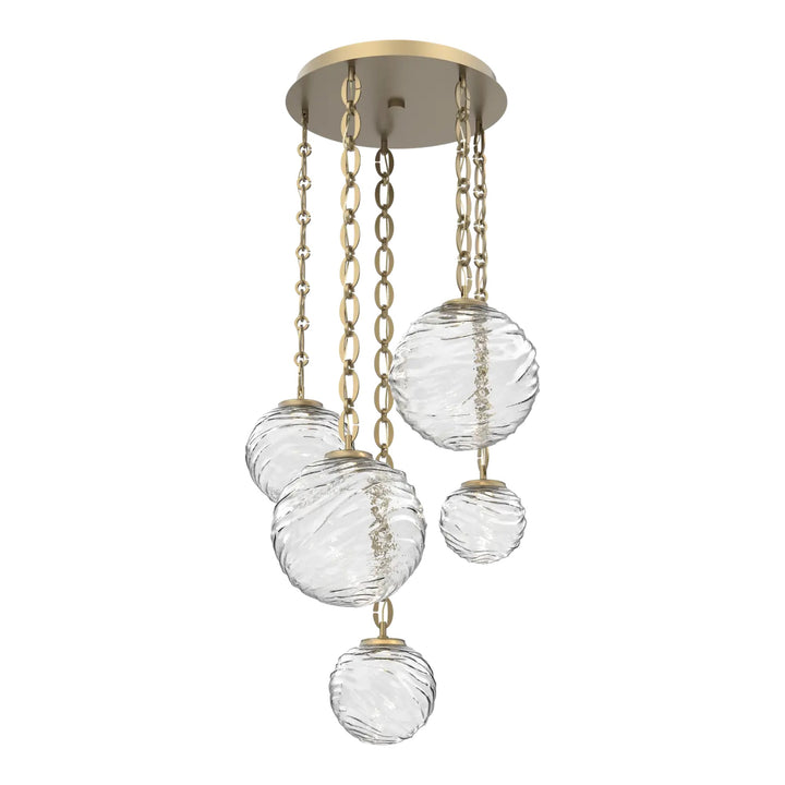 Gaia Round Pendant Chandelier by Hammerton Studio – 5 Lights in Gilded Brass on Oval Chain