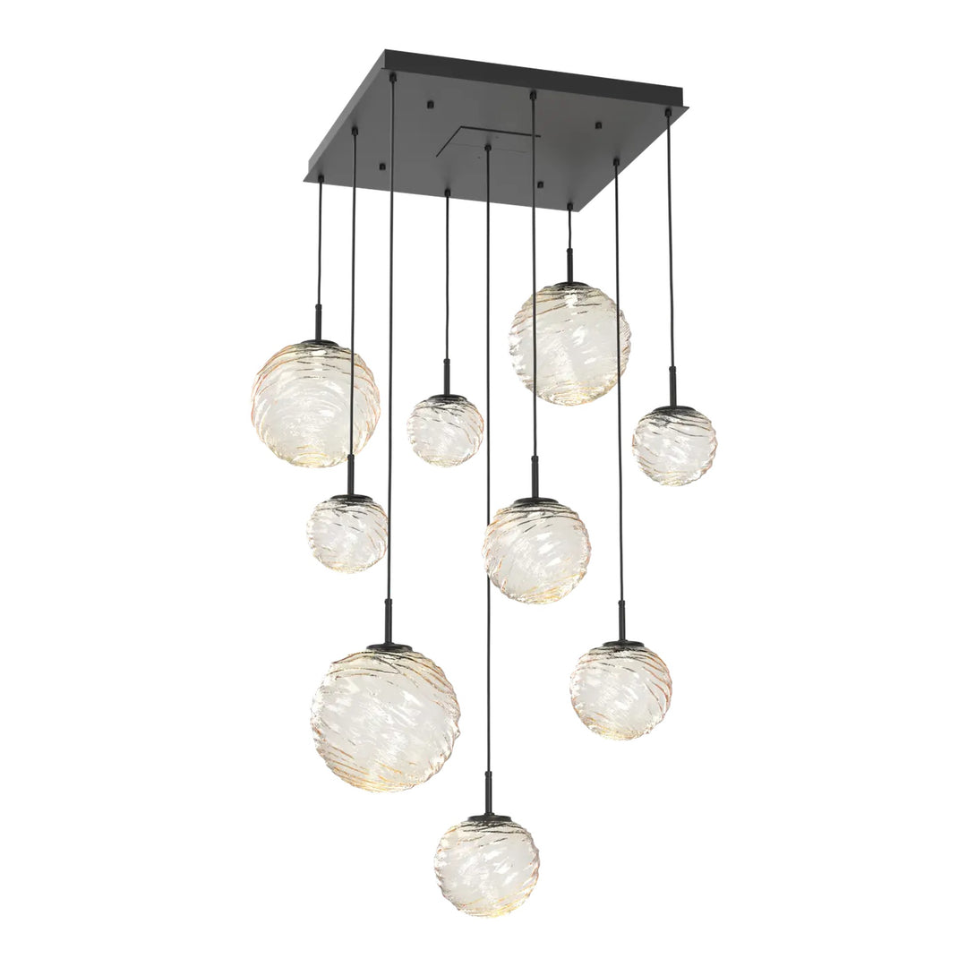 Gaia Square Pendant Chandelier by Hammerton Studio – 9 Lights in Matte Black with Amber glass