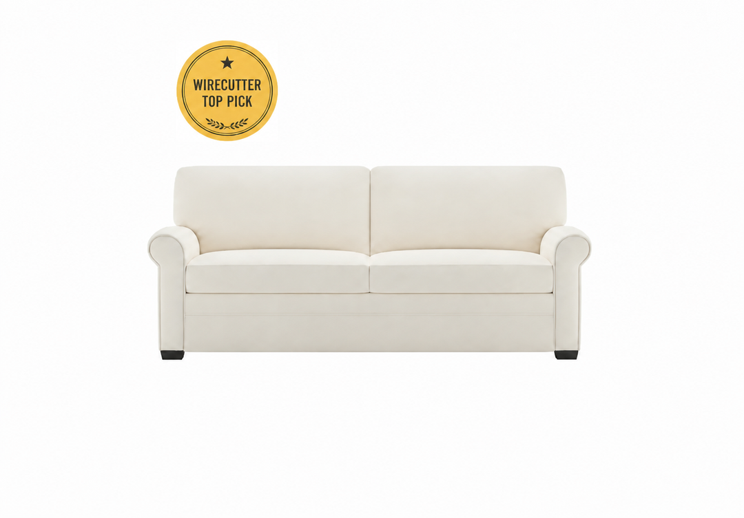 Gaines Comfort Sleeper with Wirecutter Top Pick award above the left side of the sofa