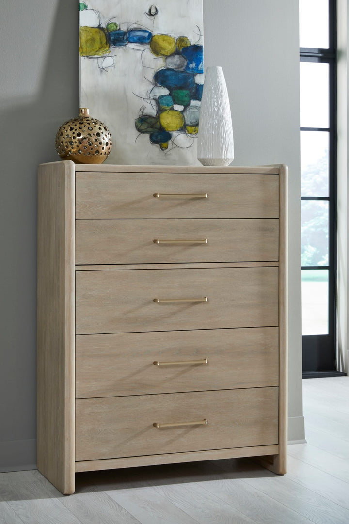Gardenia Five Drawer Chest in Chai — styled in a room