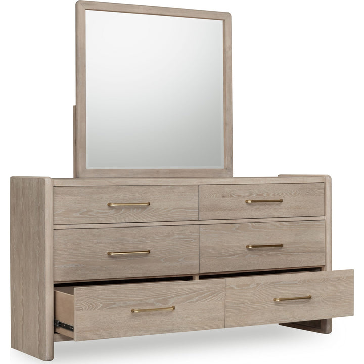Gardenia Six Drawer Dresser in Chai — with drawers open, shown with the matching mirror (sold separately)