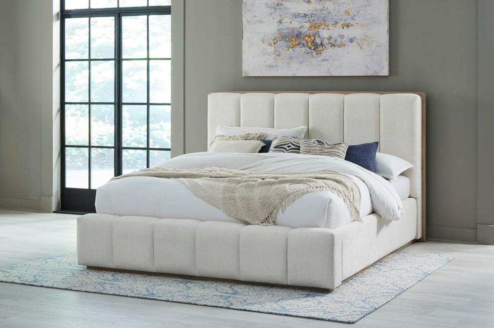 Gardenia Wood Frame Upholstered Platform Bed in Cotton and Chai styled in a bedroom