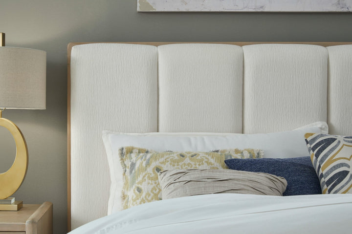 Gardenia Wood Frame Upholstered Platform Bed in Cotton and Chai styled in a bedroom