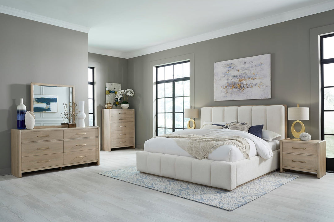 Gardenia Wood Frame Upholstered Platform Bed in Cotton and Chai styled in a bedroom
