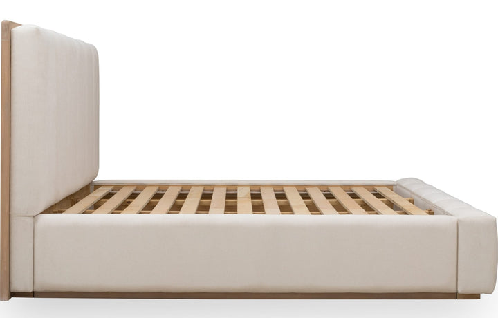 Gardenia Wood Frame Upholstered Platform Bed in Cotton and Chai — side view without mattress